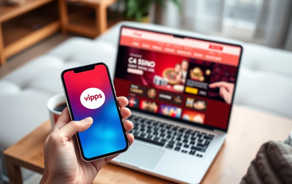 Person med mobiltelefon som viser Vipps-appen, med et casino på en bærbar PC i bakgrunnen.