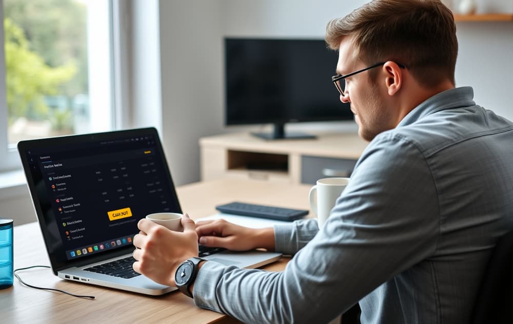Person som sammenligner odds på en bærbar PC med en kopp kaffe – bettingsider for norske spillere.